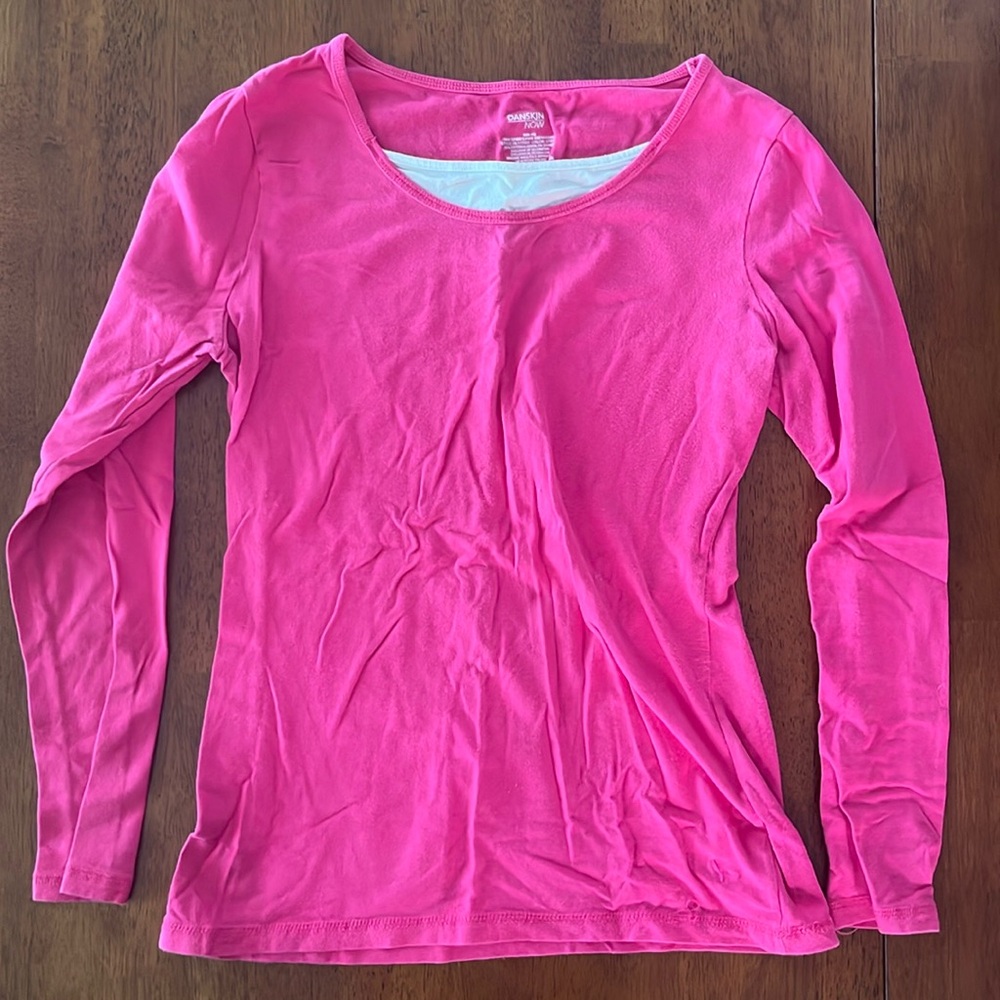 Pink long sleeve tee with white detail at neckline